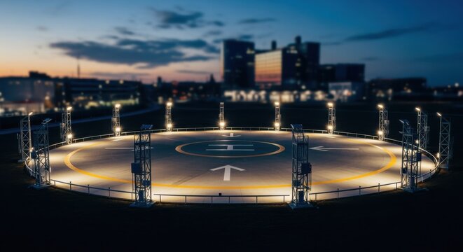 Aerial view of a circular helipad with evenly spaced perimeter lights mounted on sturdy supports ensuring visibility for nighttime helicopter landings.