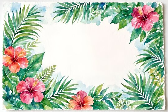 Tropical -themed Watercolor Border Featuring Lush Green Palm Fronds and Vibrant Hibiscus Flowers.