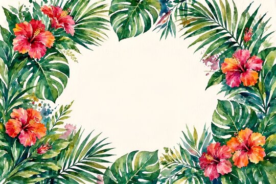 Tropical -themed Watercolor Border Featuring Lush Green Palm Fronds and Vibrant Hibiscus Flowers.