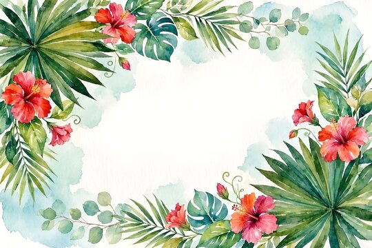 Tropical -themed Watercolor Border Featuring Lush Green Palm Fronds and Vibrant Hibiscus Flowers.