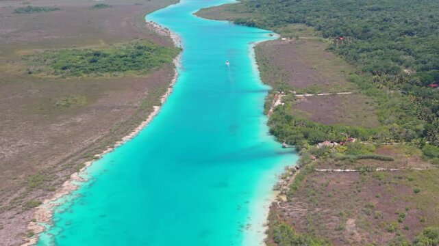 Drone view of Laguna Bonanza in the Bacalar lagoon system, Mexico