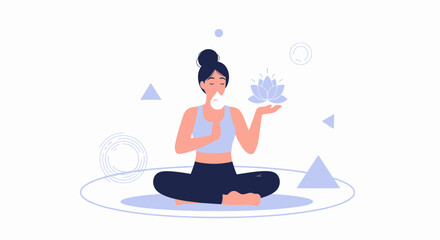 Obraz premium Serene woman meditating with lotus flower, embodying peace, wellness, and spiritual enlightenment in a minimalist abstract design.