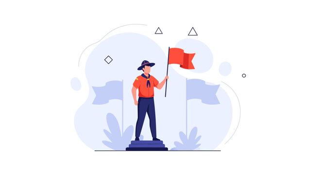 Scout Leader Holding Red Flag on Pedestal with Flags and Abstract Shapes, Symbolizing Leadership, Achievement, and Adventure