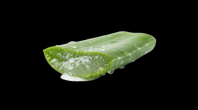 Fresh sliced aloe vera leaf with translucent cooling gel and water drops closeup.