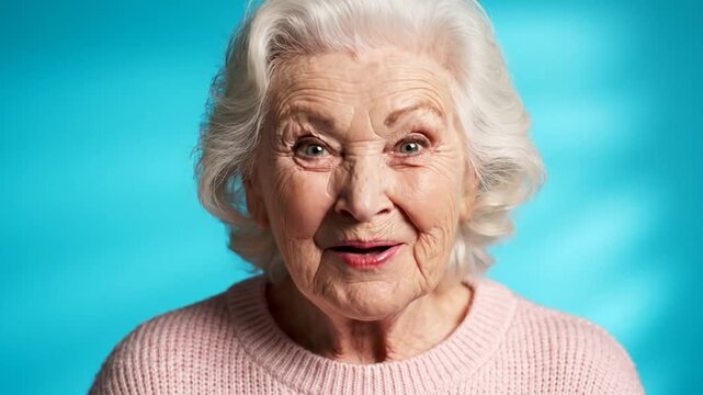 Happy senior woman with white hair smiling in pink sweater against blue background