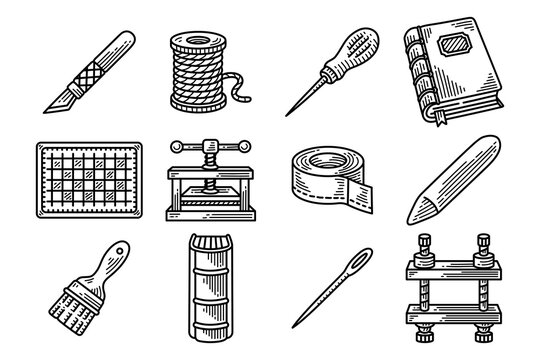 Book restoration tools engraved icon set. Bookbinding supplies doodle element pack. Craft knife, awl, book press, backing press, brush, bone folder, cutting mat, thread spool, needle, tape, bound book