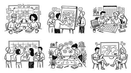 Obraz premium Team Collaboration and Project Planning Scenes in Doodle Style