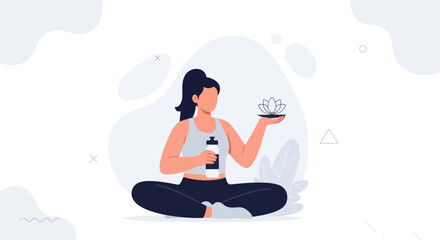 Obraz premium Woman in Meditation with Lotus Flower and Water Bottle, Vector Illustration