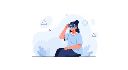 Obraz premium Woman in VR headset experiencing virtual reality, flat design illustration concept for technology, gaming, and metaverse.