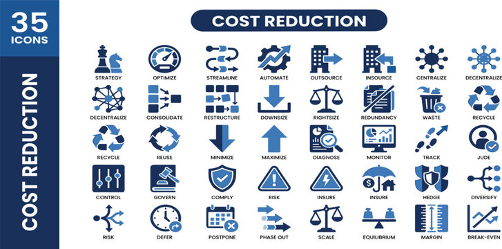 Cost Reduction solid icon set. Efficiency, operating, plan, profit, target, balance, budget, and more. Solid icon collection.