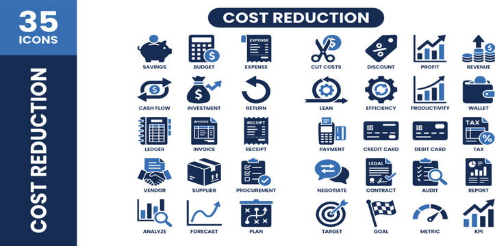 Cost Reduction solid icon set. Efficiency, operating, plan, profit, target, balance, budget, and more. Solid icon collection.