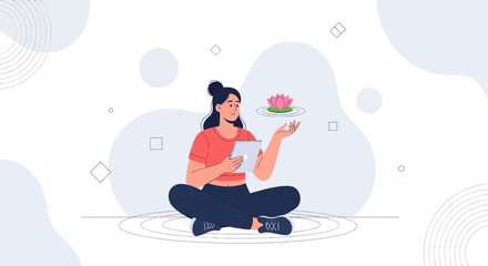 Naklejka premium Woman meditating with tablet and lotus flower, mindful technology, digital wellness, serene illustration