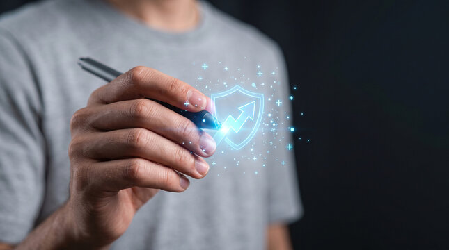 Debt consolidation financial security shield concept hand holding pen digital protection icon