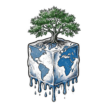 Global warming concept with a melting world map ice cube and a green tree symbolizing climate change