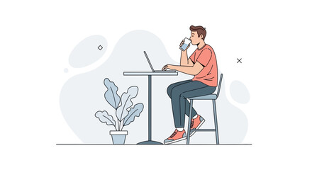 Fototapeta premium Young Man Drinking Water While Working on Laptop at a High Table in a Modern Cafe or Office Setting