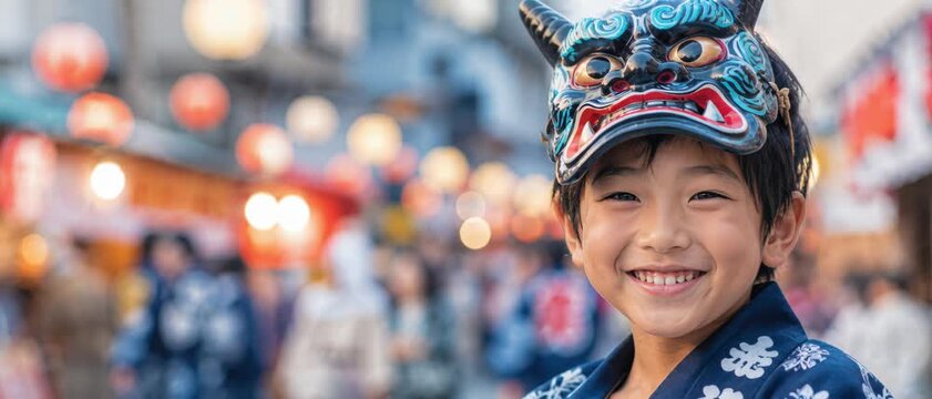 smiling child wearing oni mask at aomori nebuta festival street, yukata clothing, summer matsuri crowd bokeh, lantern lights, traditional japanese culture celebration
