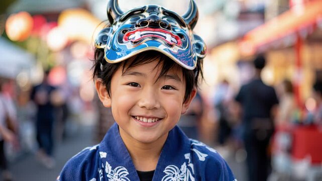 Smiling child wearing horned mask in blue happi coat, aomori nebuta matsuri parade atmosphere, lantern stalls, summer folklore celebration, japanese festival culture, joyful travel portrait