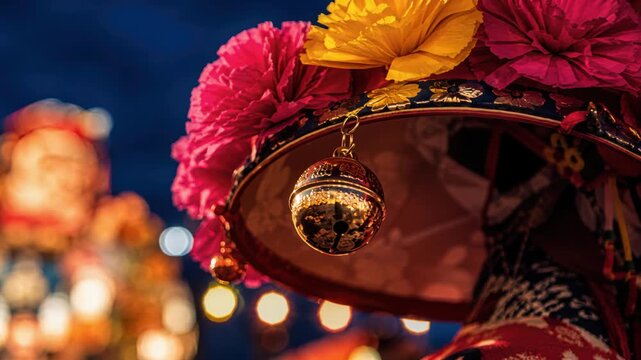 Hanagasa hat with golden bell worn by haneto dancer at aomori nebuta matsuri, glowing nebuta floats, floral paper decorations, Yamagata Hanagasa Matsuri, Owara Kaze no Bon, Awa Odori, Bon Odori