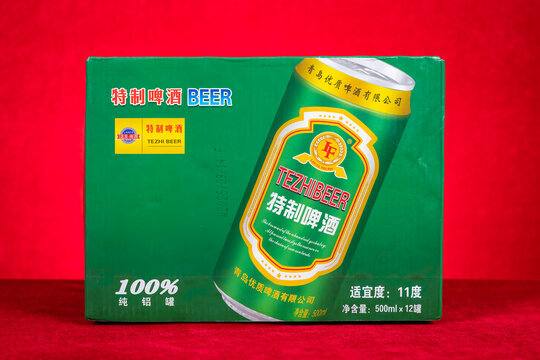 ZHONGSHAN China-October 11 2025: Tezhi Beer canned beer whole case carton packaging.