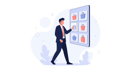 Obraz premium Businessman browsing online shopping catalog on a digital screen, e-commerce concept