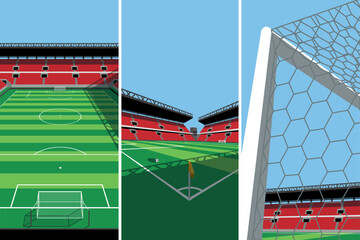 Vector Illustration of Three Different Football Soccer Fields Sport Ground Pitches with White Lines, Goals and Shadows. © Geocross