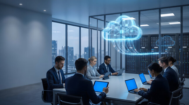 Diverse group of business people working in modern boardroom with glowing digital cloud computing holographic interface for secure data storage