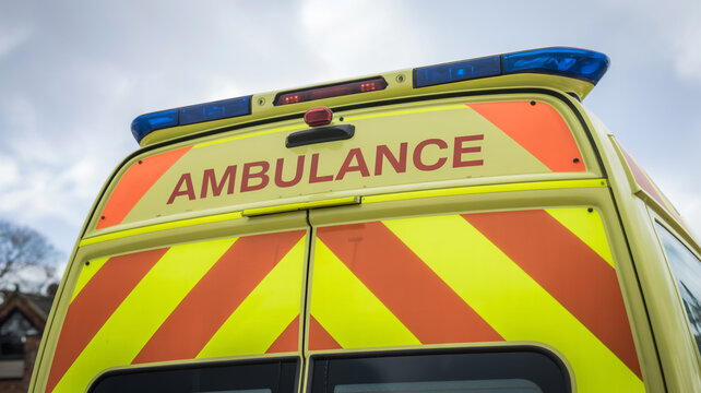 Yellow emergency ambulance rear view with warning lights and chevron pattern