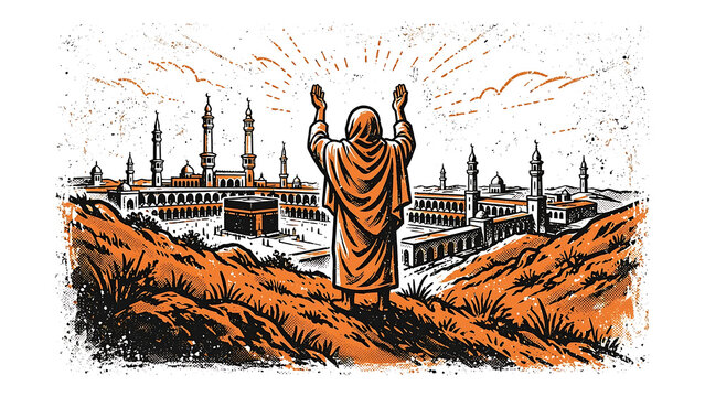 Muslim pilgrim praying with raised hands overlooking Makkah Kaaba during Hajj or Umrah religious pilgrimage