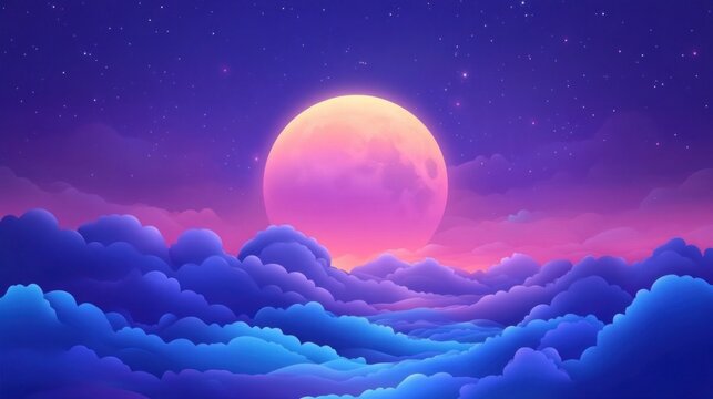Purple and blue gradient night mystical moonlight moon with fluffy magical clouds phone hd background wallpaper, ai generated