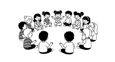 Black and white vector illustration of diverse children sitting in a circle together, representing preschool, kindergarten, friendship, and school community concepts.