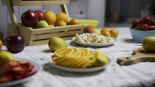 Counter filled with oranges, mangos, kiwis apples, peaches and bananas - medium tracking shot