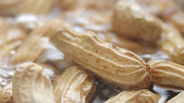 Close-up of boiling whole peanuts in shell in bubbling hot water. 
