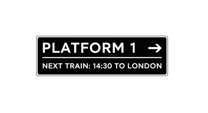 A black train station sign displaying "Platform 1" and an arrow pointing right, with the text "Next Train: 14:30 to London" below, representing public transport and travel.