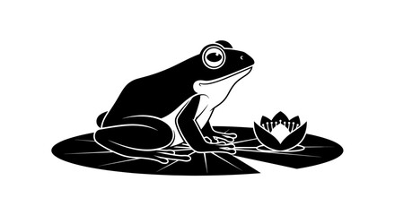 Black and white vector illustration of a frog sitting on a lily pad next to a water lily flower. Ideal for wildlife, nature, and animal concepts. © Hafiz