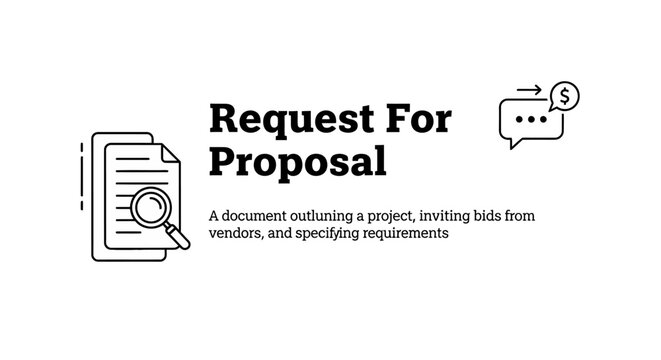 Vector banner defining Request For Proposal with document and magnifying glass icons. Ideal for business, project management, vendor bidding, and corporate concepts.