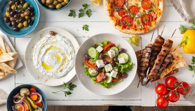 Greek mediterranean food spread with salad, tzatziki, and souvlaki skewers