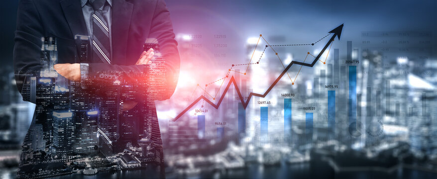 A businessman stands confidently in front of a cityscape, symbolizing financial growth and professional success, with a rising graph indicating upward trends in business. Scalp