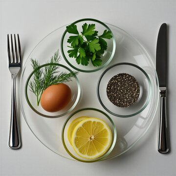 Modern Seder plate with glass dishes holding egg parsley lemon and horseradish. Cutlery and plate on white background. Jewish holiday tradition for Passover celebration.