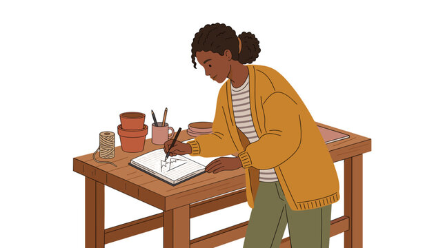 Young woman sketching in a notebook at a wooden table with gardening supplies