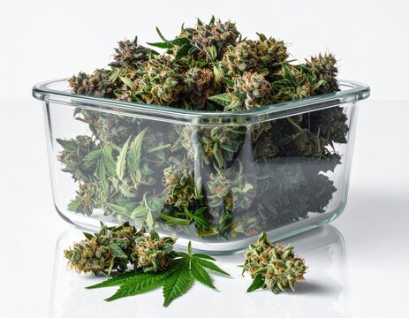 Vibrant green buds, tinged purple, fill a clear glass container