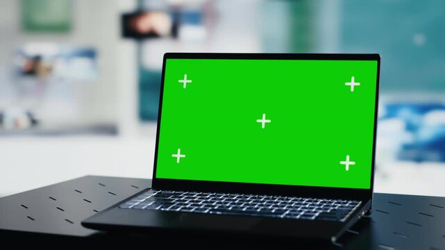Laptop green screen accompanies satellite surveillance of hostile forces, providing editable content space for military intelligence, war planning and secure operations.