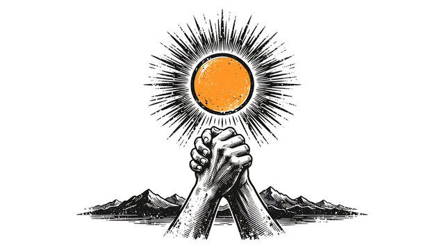Powerful illustration of two clenched fists joined in unity under a rising orange sun over a mountain landscape representing strength and solidarity