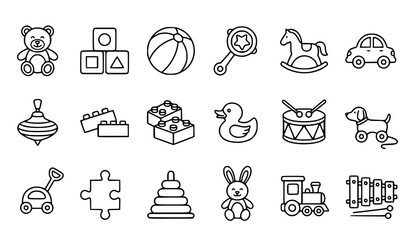 Fototapeta premium Baby Toy Line Icon Set with Teddy Bear Blocks Ball Rattle and Rocking Horse Vector