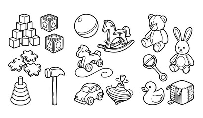 Fototapeta premium Monochrome Baby Toy Line Art Collection with Blocks Bear Ball Rattle and Play Icons Vector