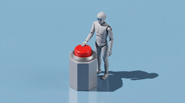 Robot humano&iuml;de s&rsquo;approchant d&rsquo;un grand bouton rouge