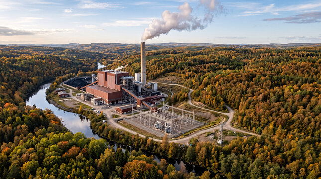 Centrale industrielle entour&eacute;e d&rsquo;une vaste for&ecirc;t en automne