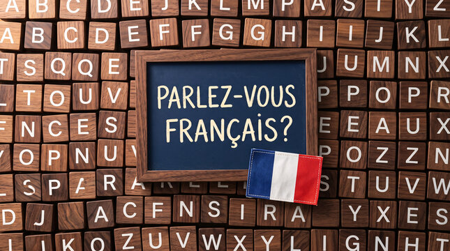 Concept d&rsquo;apprentissage du fran&ccedil;ais avec lettres et drapeau tricolore