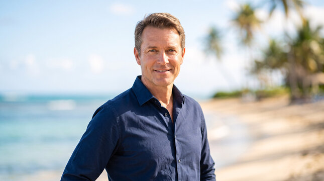 Homme souriant sur une plage tropicale ensoleill&eacute;e