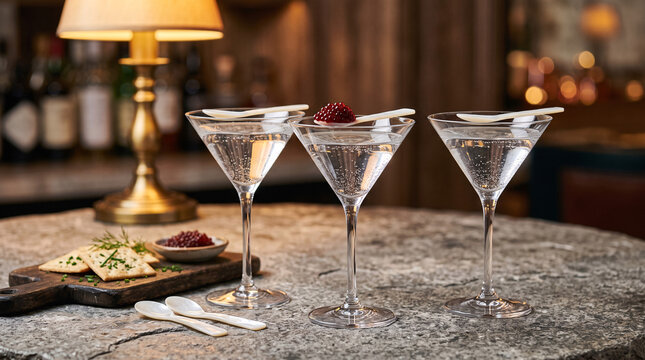Trois cocktails martini servis sur un comptoir de bar