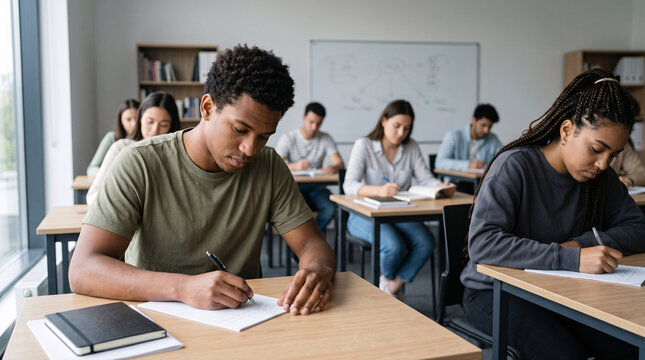 &Eacute;tudiants passant un examen &eacute;crit dans une salle de classe
